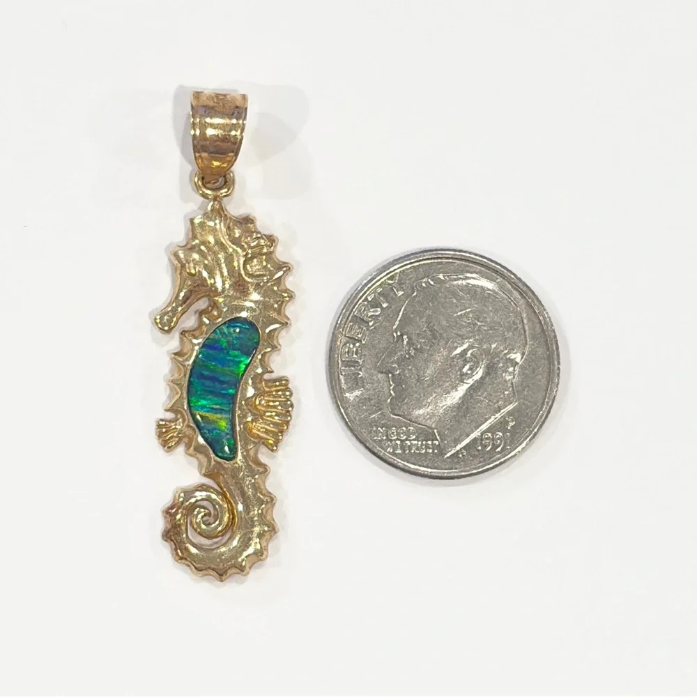 14K Opal Seahorse Pendant, Green Blue Lab Inlay Nautical Aquatic Luxury Piece - Picture 12 of 13